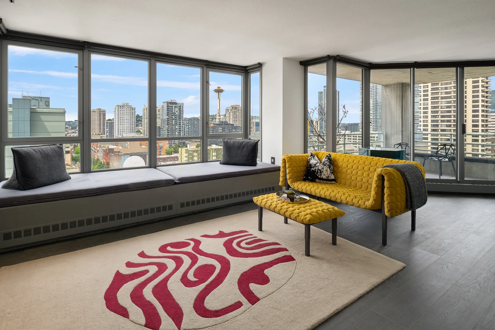 Living room and Space Needle view